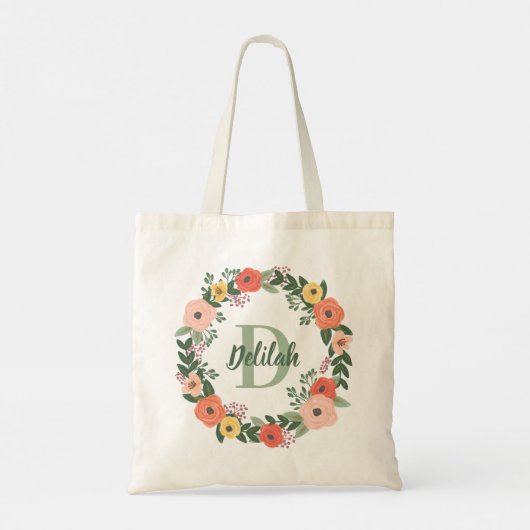 Koraalroze Floral Greenery Monogram Wreate Tote Bag (Achterkant)