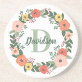 Koraalroze Floral Greenery Monogram Wreate Zandsteen Onderzetter (Voorkant)