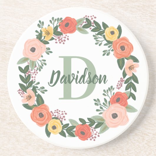 Koraalroze Floral Greenery Monogram Wreate Zandsteen Onderzetter (Voorkant)