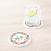Koraalroze Floral Greenery Monogram Wreate Zandsteen Onderzetter (Zijkant)