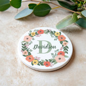 Koraalroze Floral Greenery Monogram Wreate Zandsteen Onderzetter
