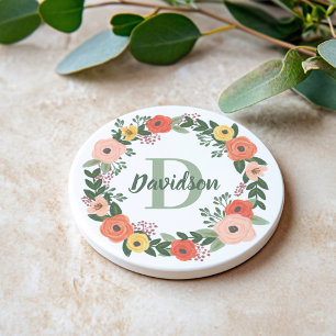 Koraalroze Floral Greenery Monogram Wreate Zandsteen Onderzetter