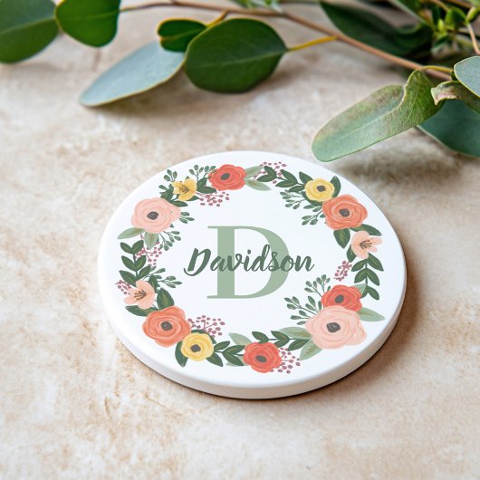 Koraalroze Floral Greenery Monogram Wreate Zandsteen Onderzetter