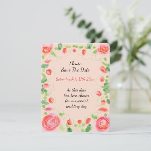 Koraalroze Floral RSVP Kaartje (Staand voorkant)