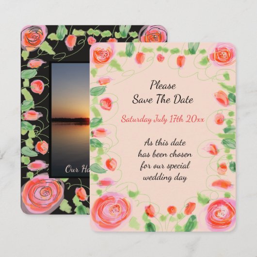 Koraalroze Floral RSVP Kaartje (Voorkant / Achterkant)