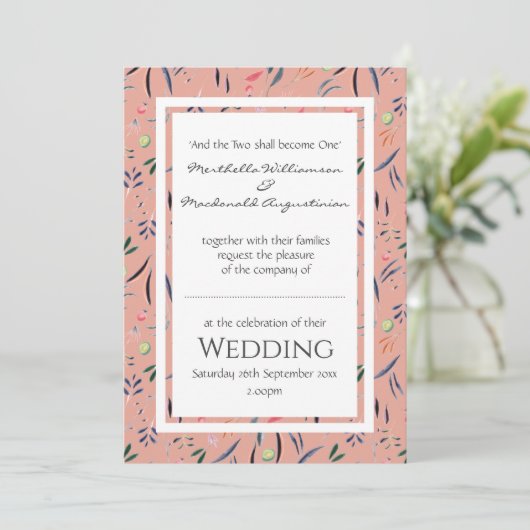 Koraalroze gepersonaliseerde Floral WEDDING Kaart (Staand voorkant)
