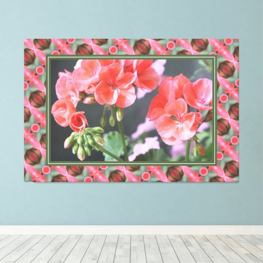 Koraalroze geraniums met donkergroen canvas afdruk (Insitu (Houten vloer))