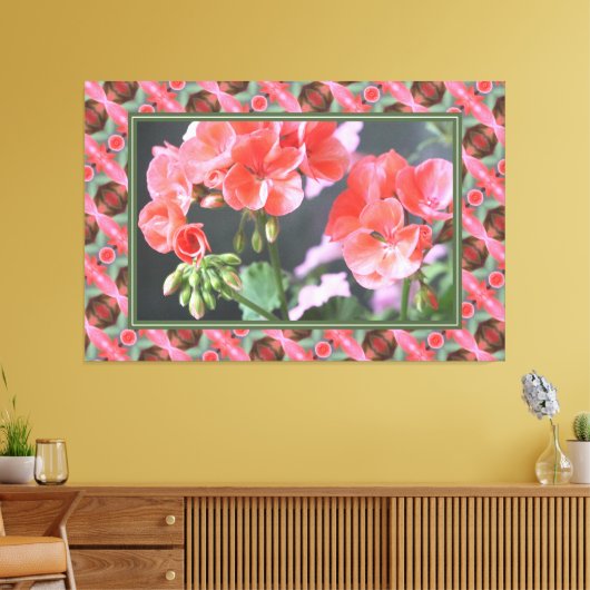 Koraalroze geraniums met donkergroen canvas afdruk (Insitu (Woonkamer))