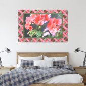 Koraalroze geraniums met donkergroen canvas afdruk (Insitu (Slaapkamer))