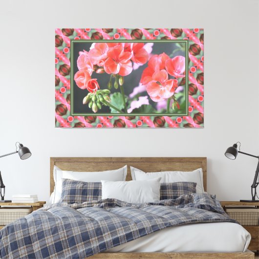Koraalroze geraniums met donkergroen canvas afdruk (Insitu (Slaapkamer))