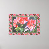Koraalroze geraniums met donkergroen canvas afdruk (Voorkant)