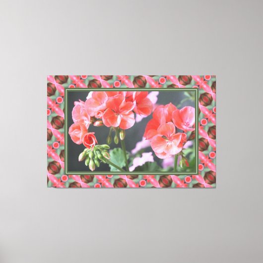 Koraalroze geraniums met donkergroen canvas afdruk (Voorkant)