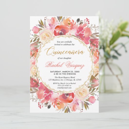 Koraalroze gouden tuin Quinceanera Kaart (Staand voorkant)