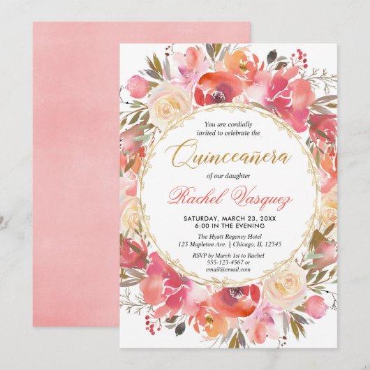 Koraalroze gouden tuin Quinceanera Kaart (Voorkant / Achterkant)