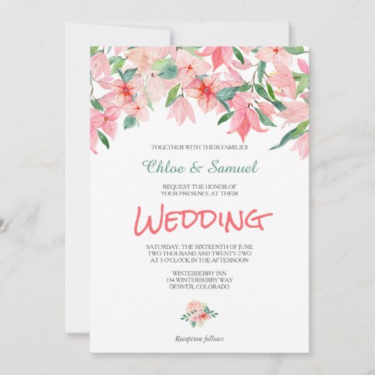 Koraalroze groene Floral Border Weduwen Uitnodigin Kaart (Voorkant)