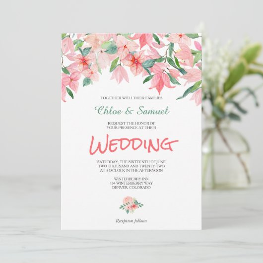 Koraalroze groene Floral Border Weduwen Uitnodigin Kaart (Staand voorkant)