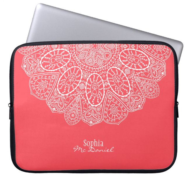 Koraalroze hand getekend Henna Circle Patroonontwe Laptop Sleeve (Voorkant)