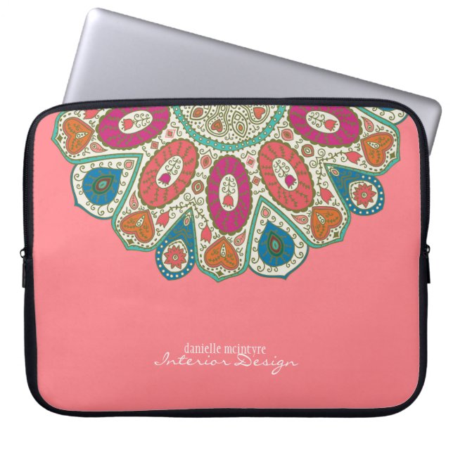 Koraalroze hand getekend Henna Circle Patroonontwe Laptop Sleeve (Voorkant)