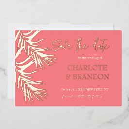 Koraalroze handpalmen die de datum bewaren folie uitnodiging