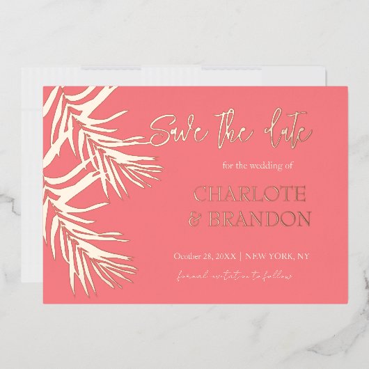 Koraalroze handpalmen die de datum bewaren folie uitnodiging (Envelop)