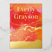 Koraalroze koraal - galaxy marmer Gold Weddenschap Folie Uitnodiging (Voorkant)