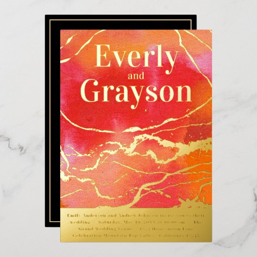 Koraalroze koraal - galaxy marmer Gold Weddenschap Folie Uitnodiging (Voorkant / Achterkant)