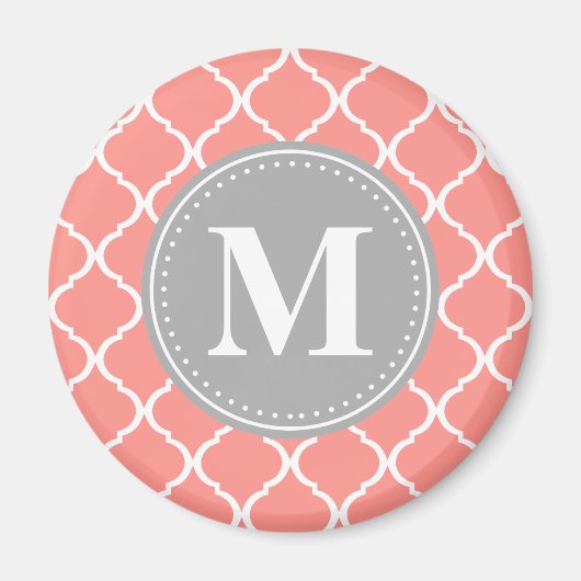Koraalroze Marokkaans Lattice Gray Monogram Magneet (Voorkant)