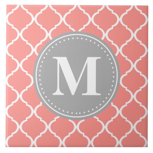 Koraalroze Marokkaans Lattice Gray Monogram Tegeltje (Voorkant)
