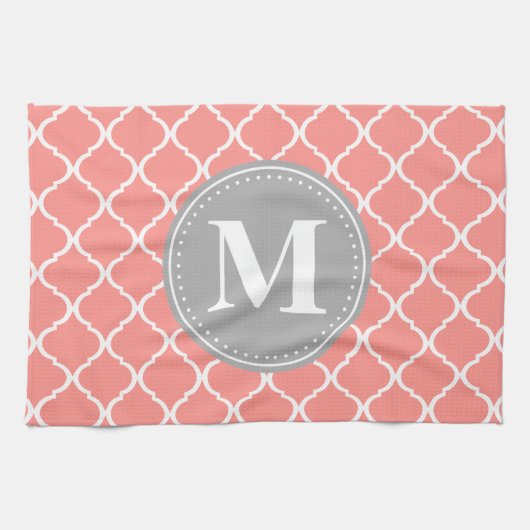 Koraalroze Marokkaans Lattice Gray Monogram Theedoek (Horizontaal)