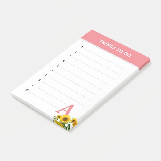 Koraalroze monogram en zonnebloemen post-it® notes (Schuin)