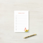 Koraalroze monogram en zonnebloemen post-it® notes (Op bureau)