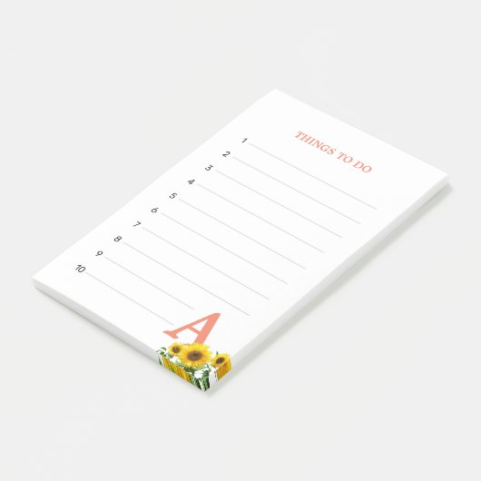 Koraalroze monogram en zonnebloemen post-it® notes (Schuin)