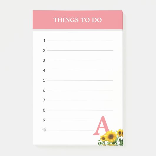 Koraalroze monogram & zonnebloemen dingen om te do post-it® notes (Voorkant)