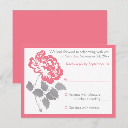 Koraalroze Pioen met grijze antwoordkaart Kaart (Voorkant / Achterkant)