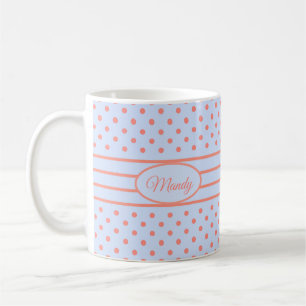 Koraalroze pooldots en strips op L Blue Koffiemok