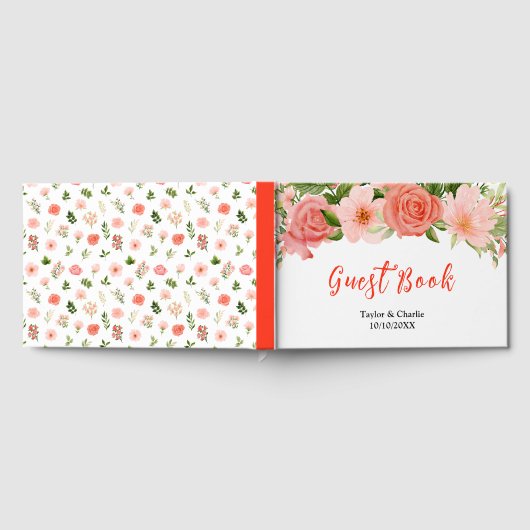 Koraalroze rode rozen Floral bruiloft Gastenboek (Volledig)