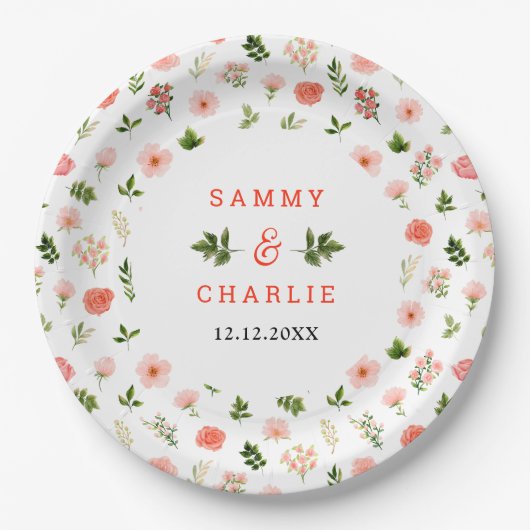 Koraalroze rode rozen Floral bruiloft Papieren Bordje (Voorkant)