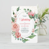 Koraalroze Roos Floral Weddenschap Kaart (Staand voorkant)