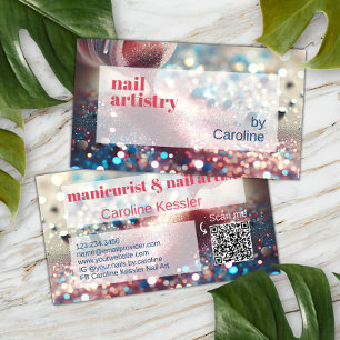 Koraalroze roze aqua donkerblauwe glitters nagella visitekaartje