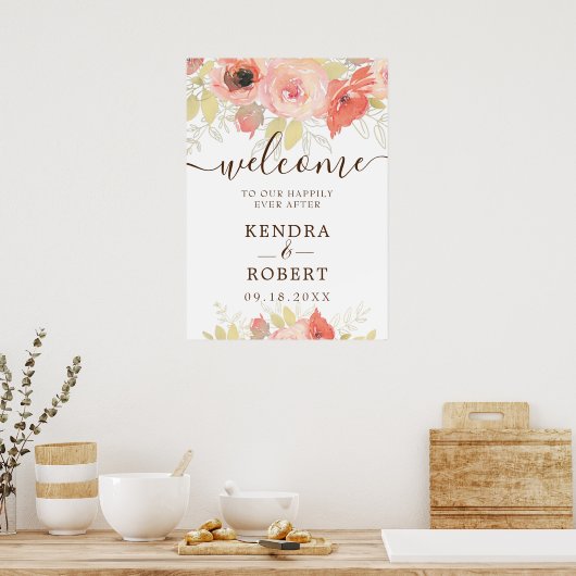 Koraalroze roze goudbladeren Floral Weduwschap Wel Poster (Keuken)
