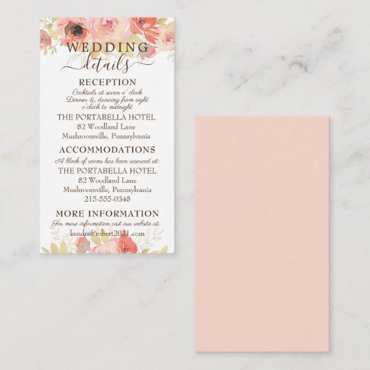 Koraalroze rozen en gouden bladeren Weddenschap E Informatiekaartje (Voorkant / Achterkant)