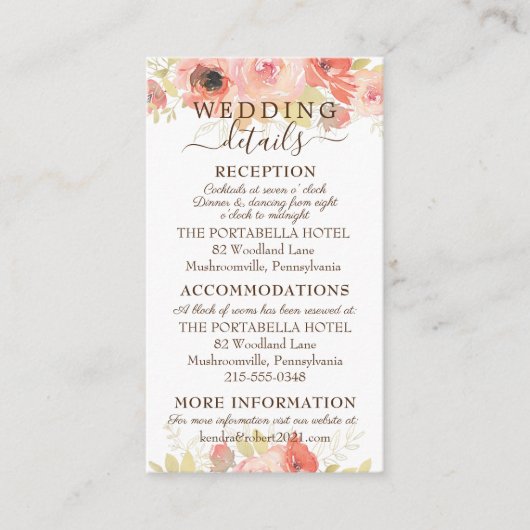 Koraalroze rozen en gouden bladeren Weddenschap E Informatiekaartje (Voorkant)