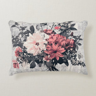 Koraalroze rozen Vintage krant Botanische Kunst Accent Kussen