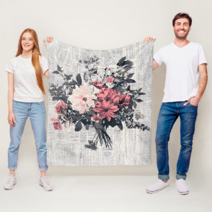 Koraalroze rozen Vintage krant Botanische Kunst Fleece Deken