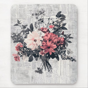 Koraalroze rozen Vintage krant Botanische Kunst Muismat