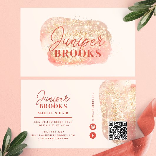 Koraalroze sociale media QR-code goud glitter Visitekaartje