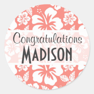 Koraalroze tropische hibiscus ronde sticker