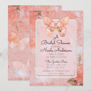 Koraalroze vintage vlinderroos bruidsshower kaart