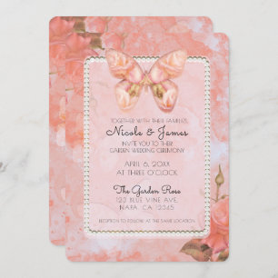 Koraalroze  vlinder Roos legant bruiloft Kaart