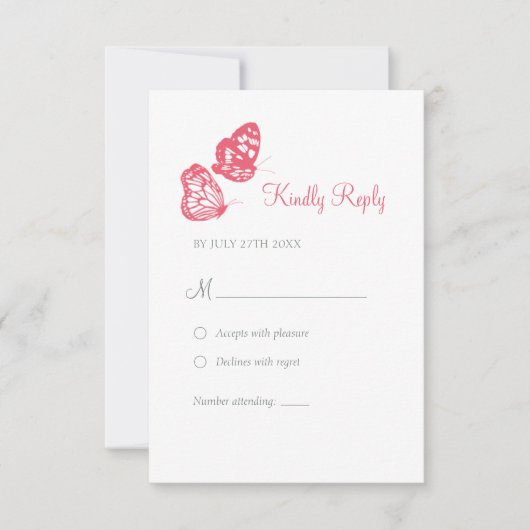 Koraalroze vlindervlinder boho bruiloft RSVP kaartje (Voorkant)